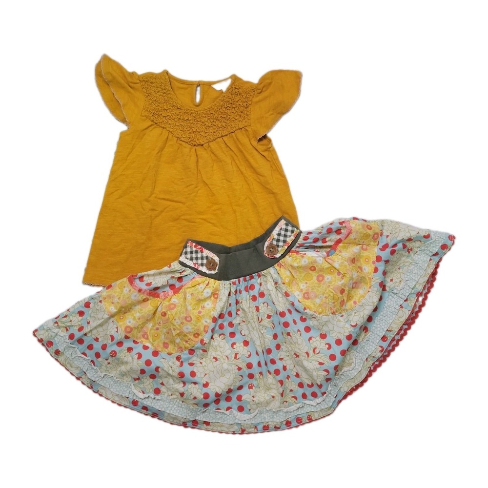 Matilda Jane Styled 2-Piece Outfit: Mustard Smocked Top & Patchwork Skirt - Size